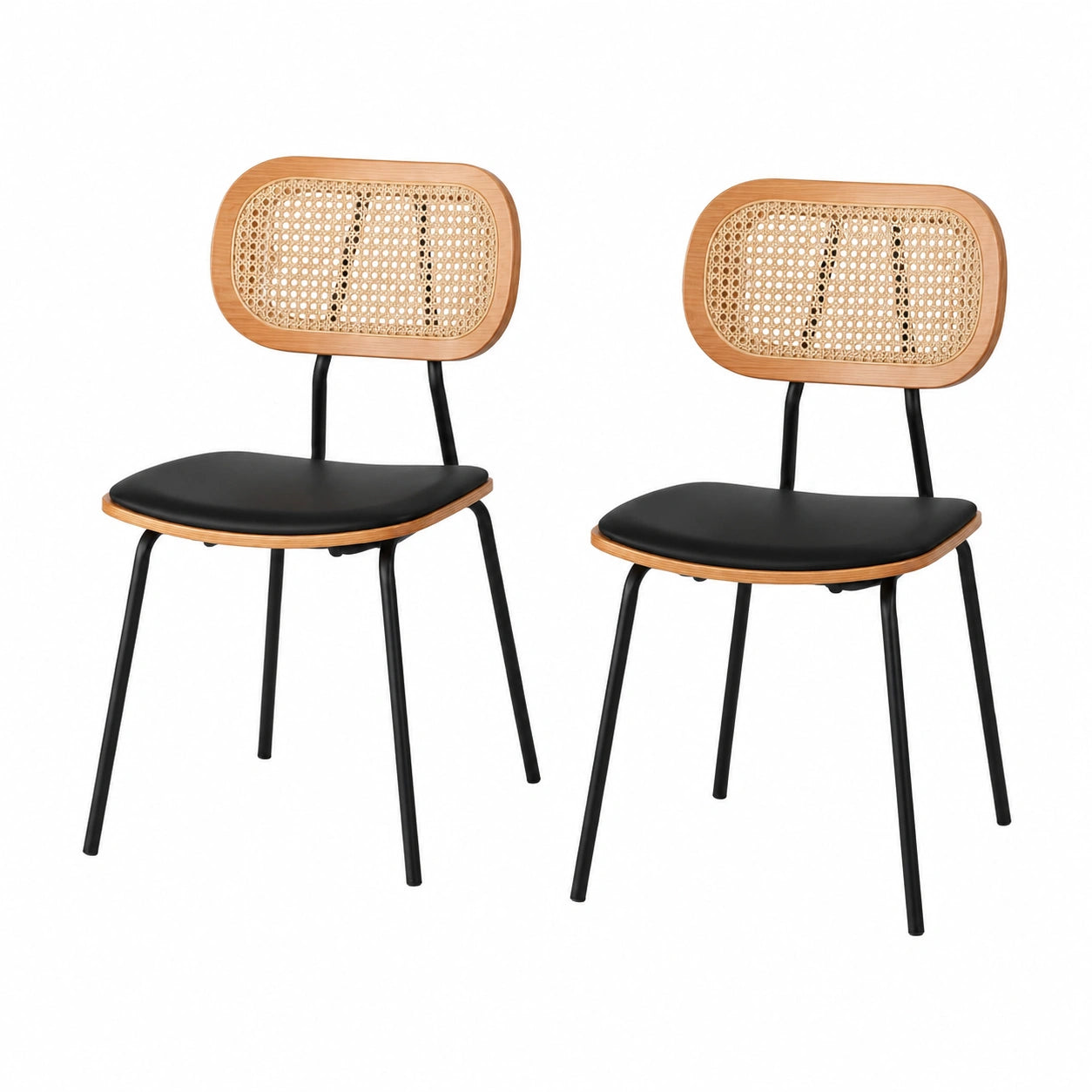Esszimmerstühle – 2er-Set, gepolstert, mit LED-Beleuchtung, aus Rattan und Leder, Schwarz, für Esszimmer, Küche und Wohnzimmer