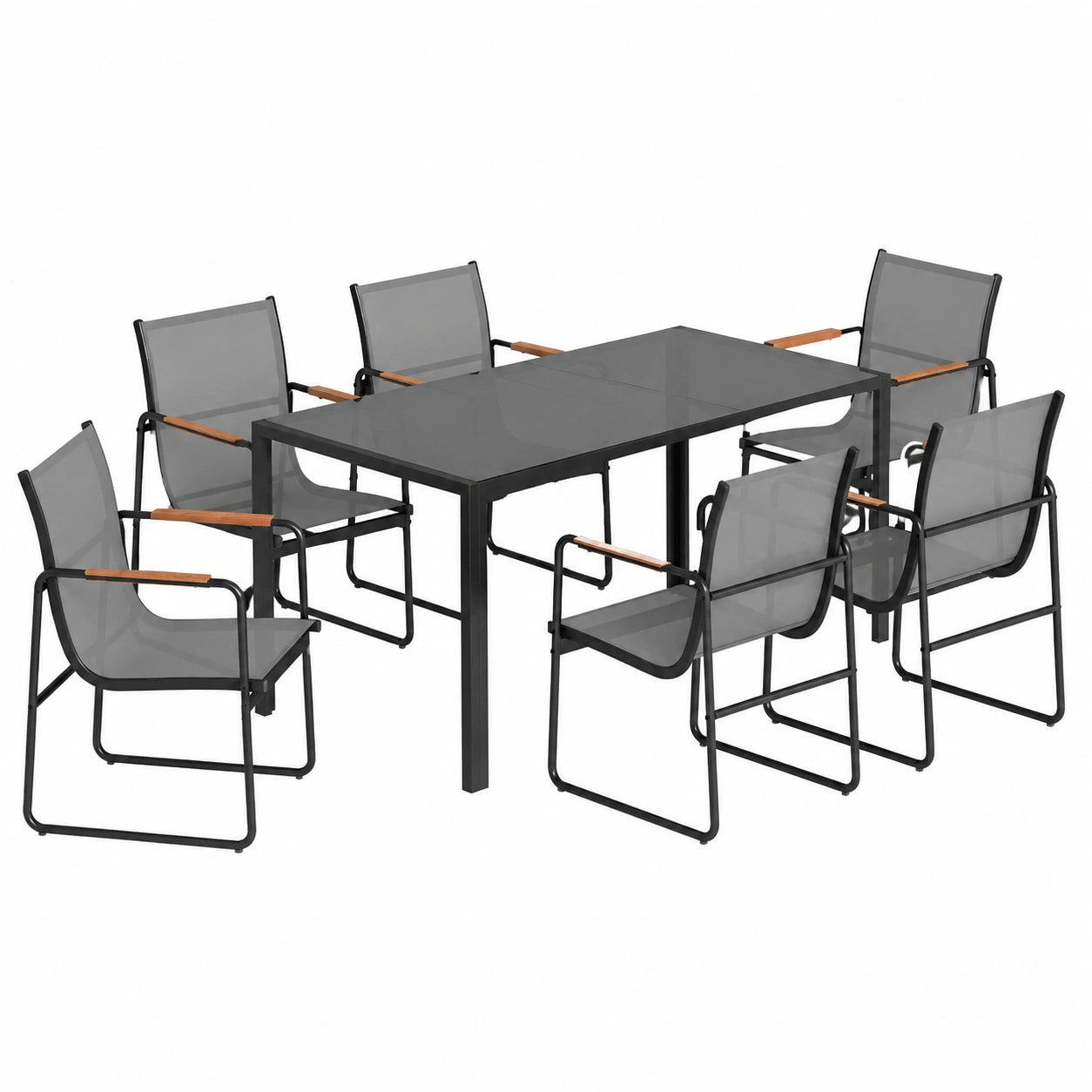 Tisch – 7-teilig, mit Armlehnen, aus Stahl, Grau, für Esszimmer und Terrasse